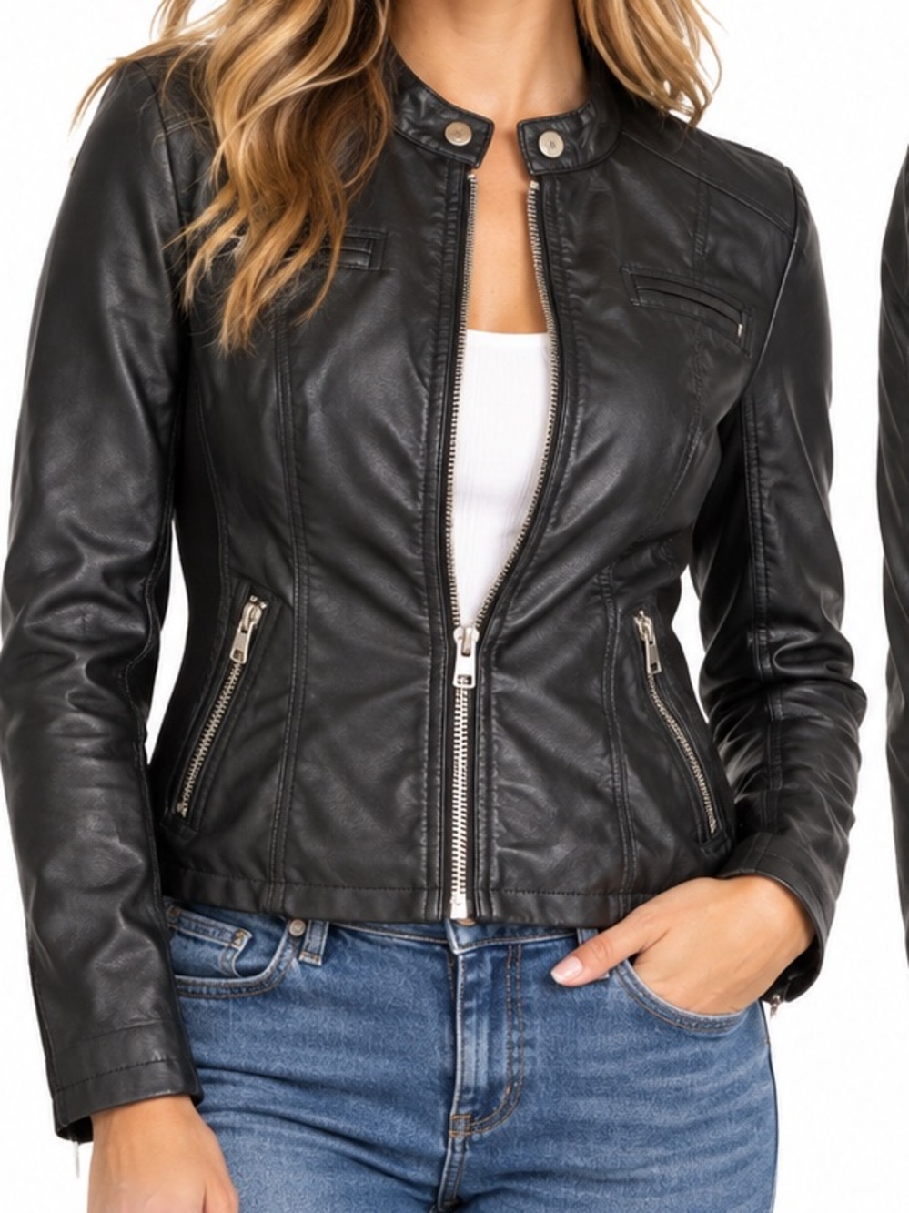 GUESS Women’s Black Faux Leather Moto Jacket Size M Zip Front Stretch